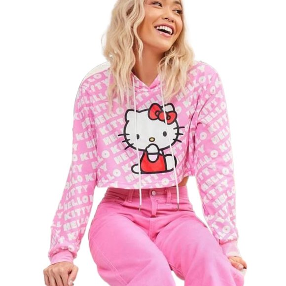 HELLO KITTY Pink Logo Graphic Crop Hoodie, size XS - Picture 1 of 2